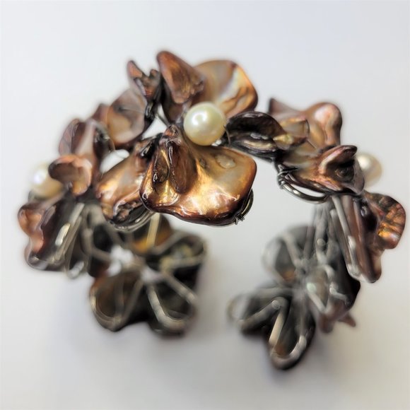 Dark Brown Cuff Bracelet with Pearls and Dyed Mother Of Pearl Shell Bangle -NEW - Picture 9 of 15